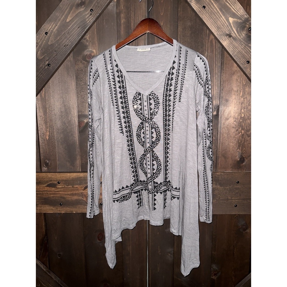 Vocal Women's Crystal Beaded Stones Long Sleeve Top Shirt Tunic Size Tag‎ Cut